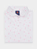 White polo shirt with small pink golfer patterns, buttoned up and neatly folded