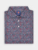 Folded dark gray button-up shirt with a colorful, intricate dream catcher pattern in red, blue, and orange shades