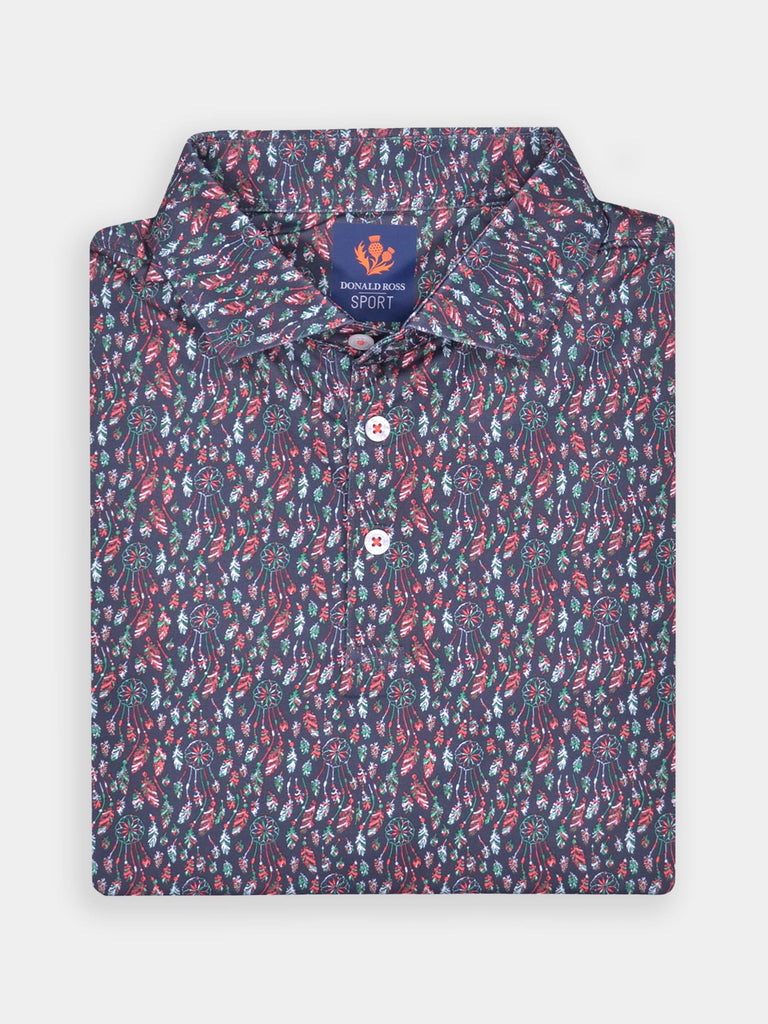 Folded dark gray button-up shirt with a colorful, intricate dream catcher pattern in red, blue, and orange shades