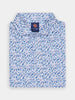 Folded blue golf polo shirt adorned with a vibrant blue dream catcher design