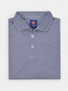 Folded blue patterned blue and white polo shirt with a soft flame printed design, featuring a collar and three buttons