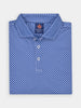 Folded dark blue golf polo shirt adorned with a subtle flame pattern