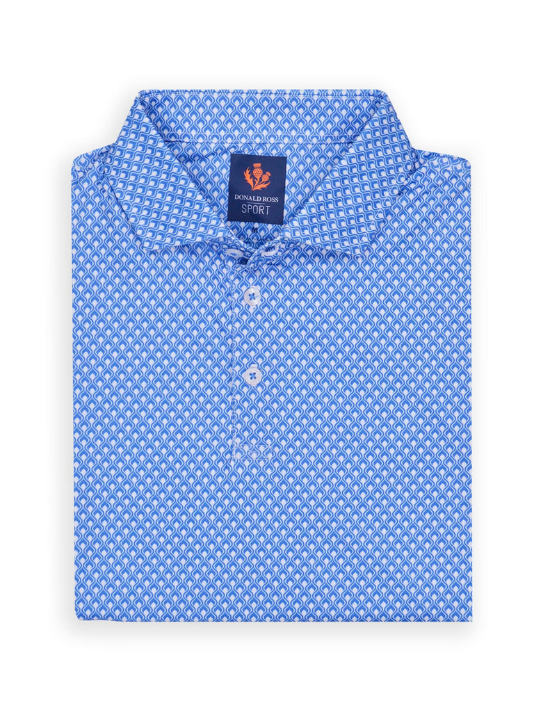Folded blue patterned polo shirt with a soft flame printed design, featuring a collar and three buttons