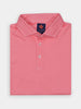 Folded red polo shirt adorned with a subtle flame pattern, complete with a collar and three-button placket