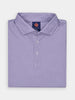 Folded purple patterned polo shirt with a flame motif, equipped with a collar and three-button closure