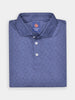 Folded purple polo shirt with an intricate geometric pattern. The shirt features a button-down front and an inside label