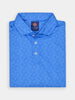 Folded blue polo shirt with an intricate geometric pattern. The shirt features a button-down front and an inside label