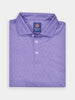 Folded purple polo shirt with a subtle geometric pattern, featuring a branded label inside the collar