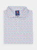Folded men's button-down shirt with a colorful zodiac pattern on a white background