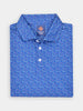 Blue polo shirt with white and light blue zodiac symbols pattern. It has a collar and three white buttons