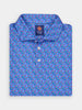 Blue golf polo shirt with colorful zodiac symbols, featuring a collar and a Donald Ross Sport label