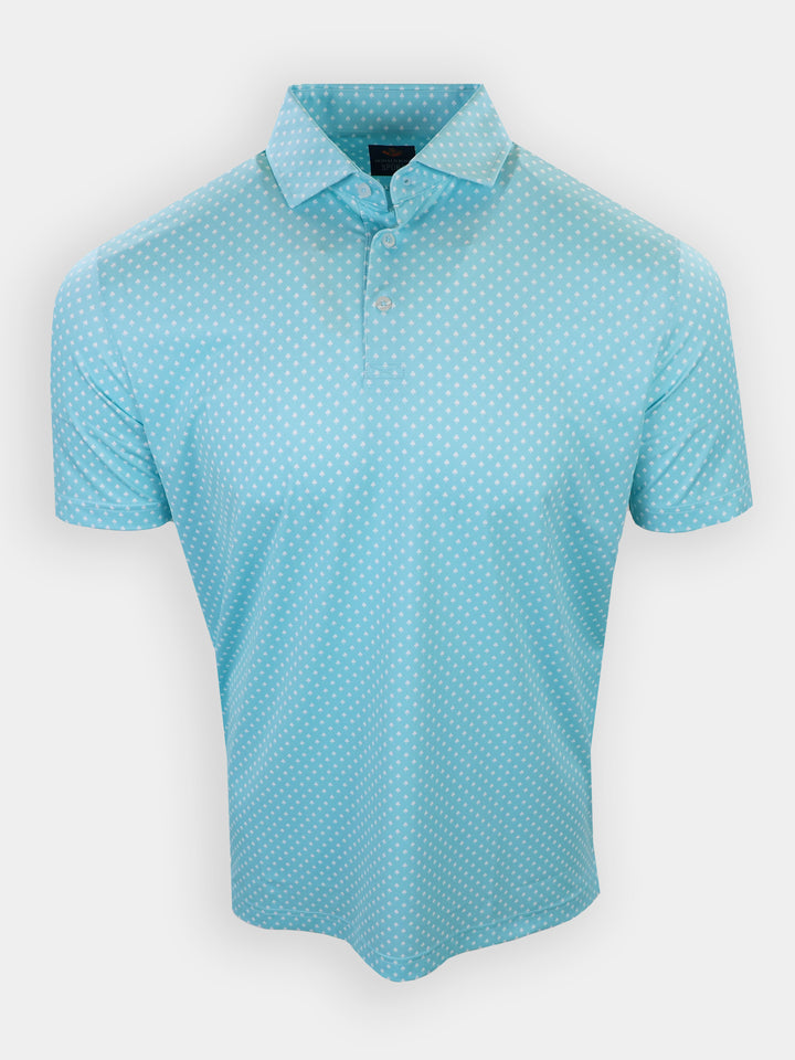 Light blue short-sleeve polo shirt with a dotted pattern displayed against a white background.