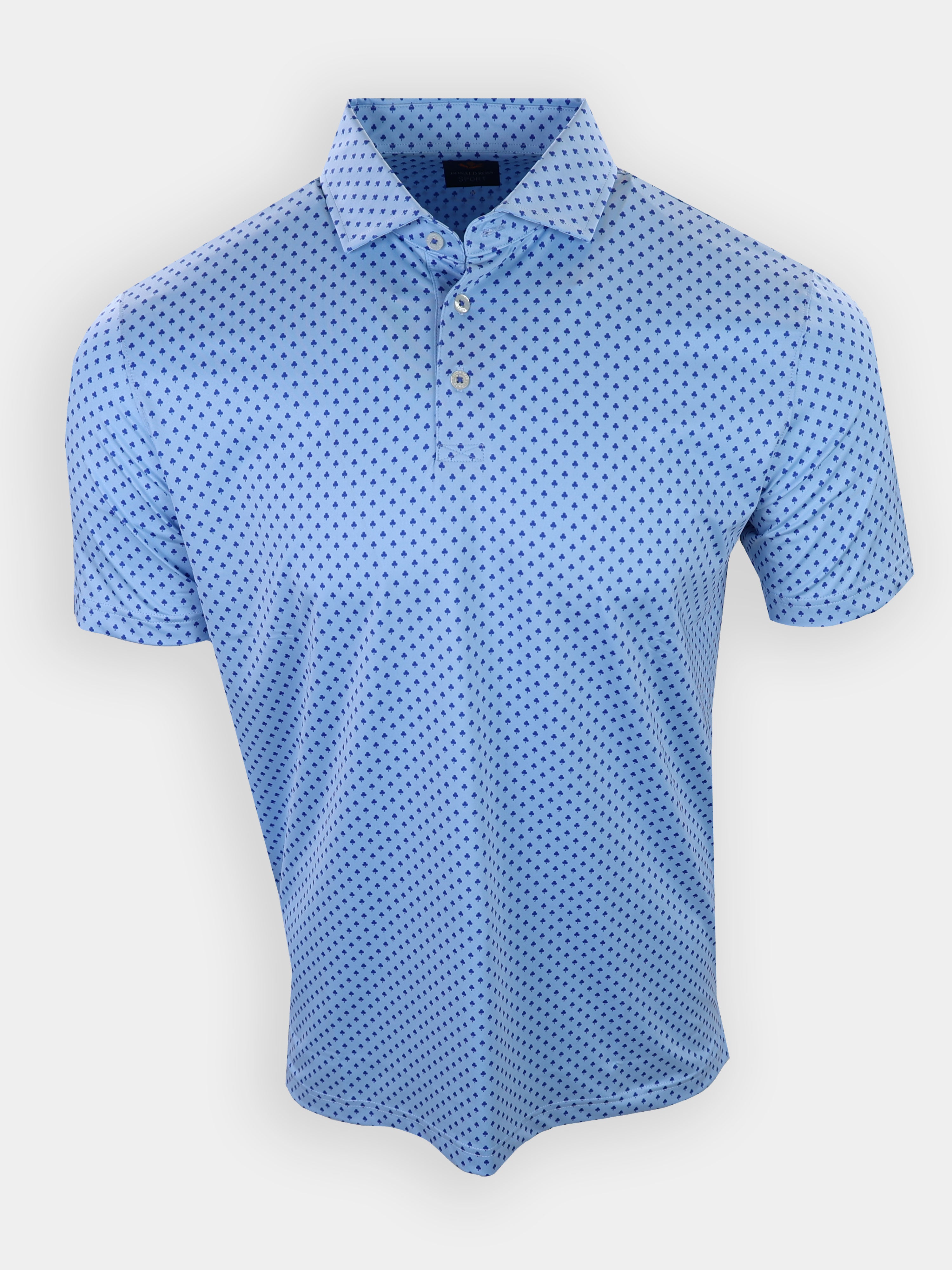 Light blue polo shirt with a navy blue pattern displayed against a plain background.