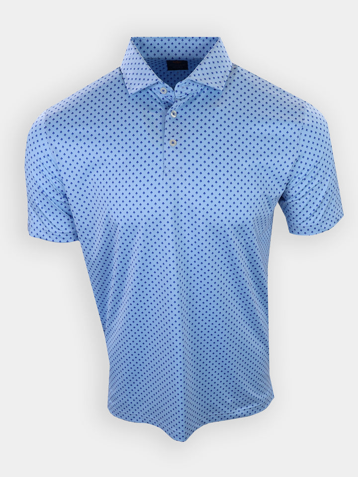 Light blue polo shirt with a navy blue pattern displayed against a plain background.