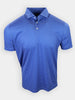 Blue short-sleeved polo shirt with a pattern of small yellow diamonds displayed on a white background.