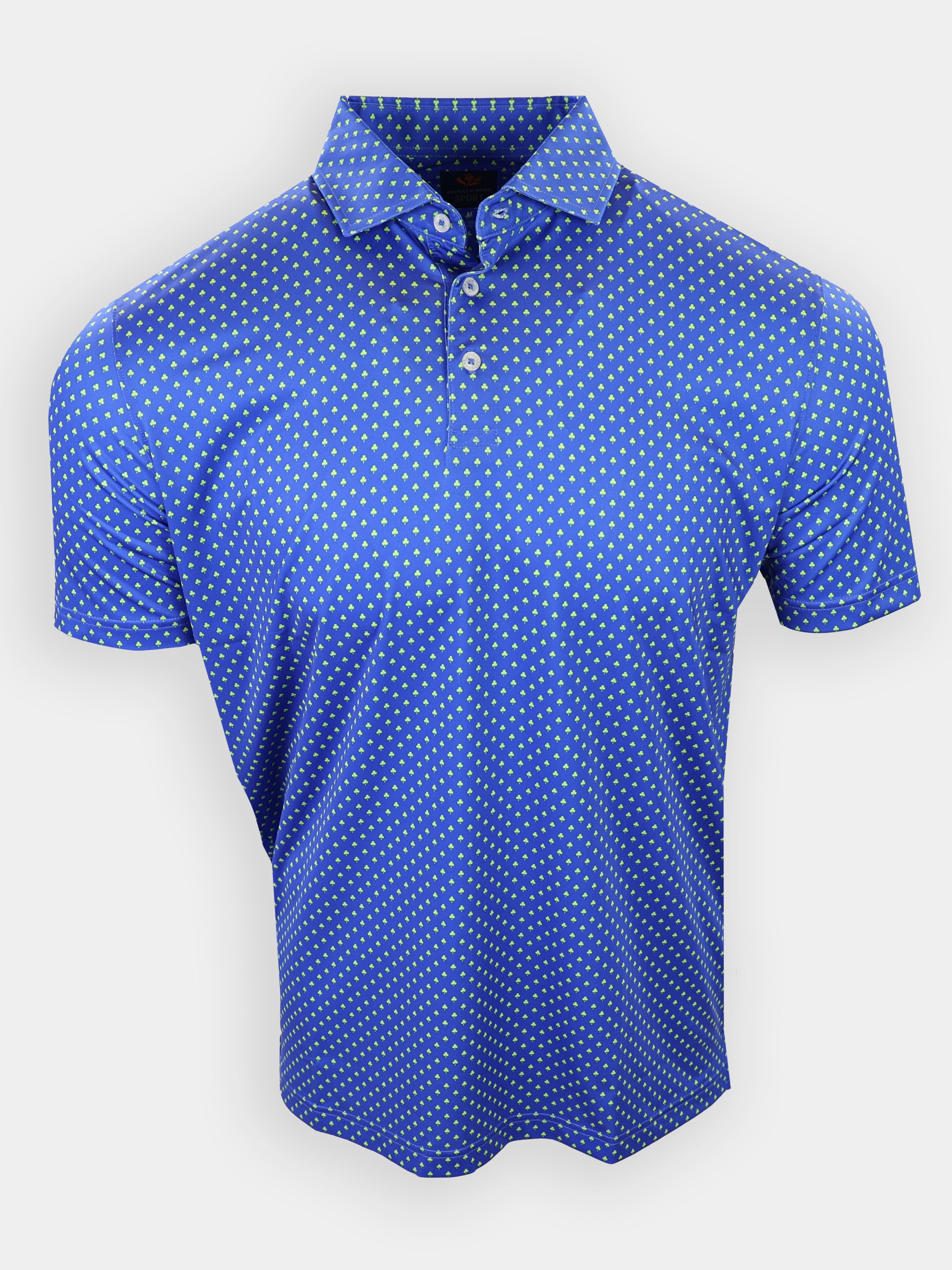 Blue short-sleeved polo shirt with a pattern of small yellow diamonds displayed on a white background.