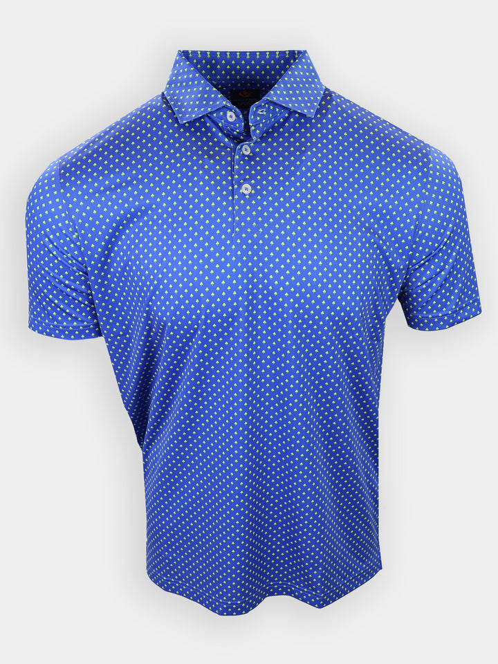 Blue short-sleeved polo shirt with a pattern of small yellow diamonds displayed on a white background.