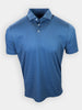 Short-sleeve polo shirt in a blue color with a green geometric pattern and a collared neckline.