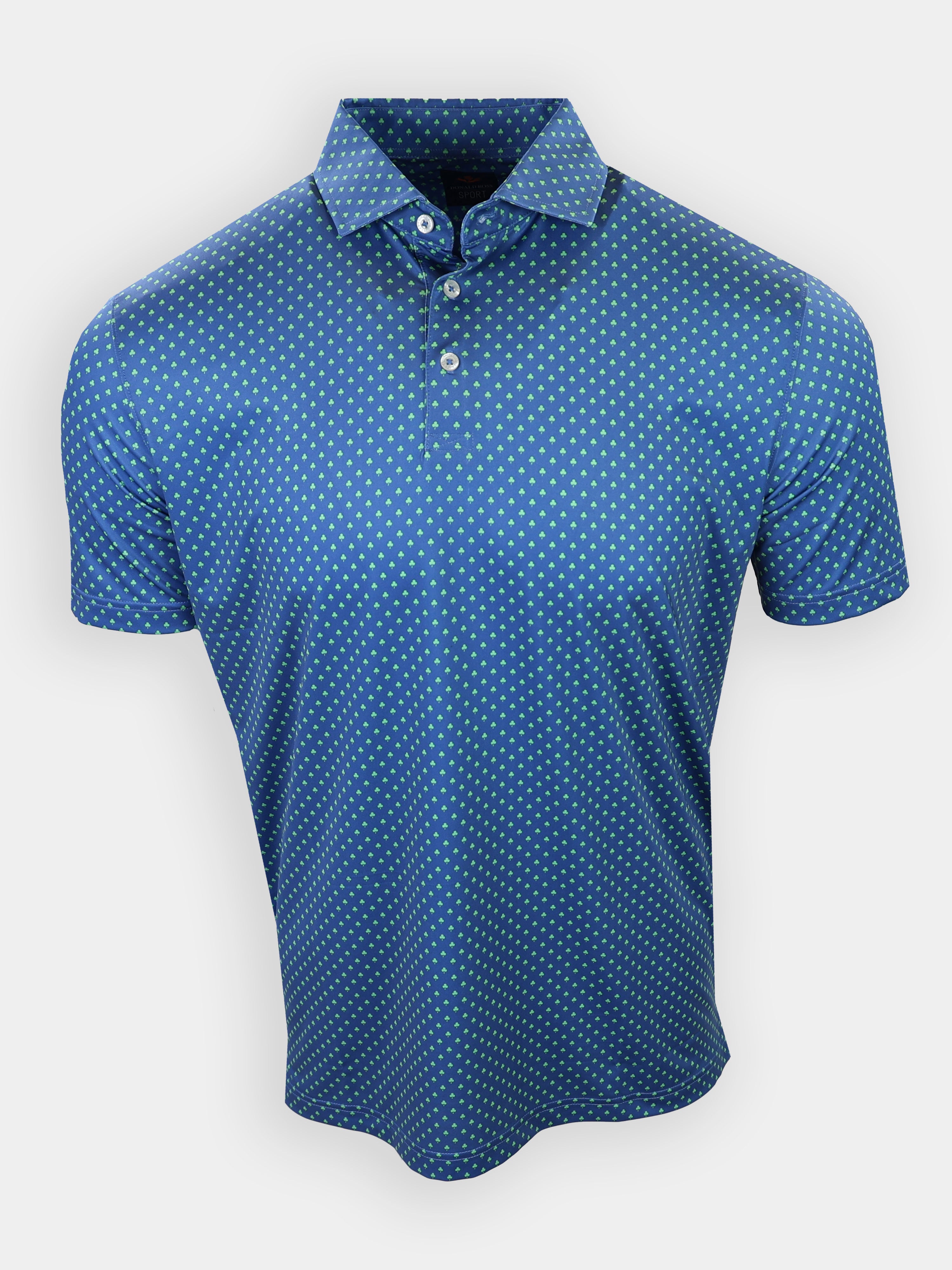 Short-sleeve polo shirt in a blue color with a green geometric pattern and a collared neckline.