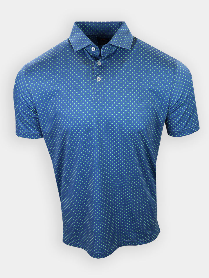 Short-sleeve polo shirt in a blue color with a green geometric pattern and a collared neckline.