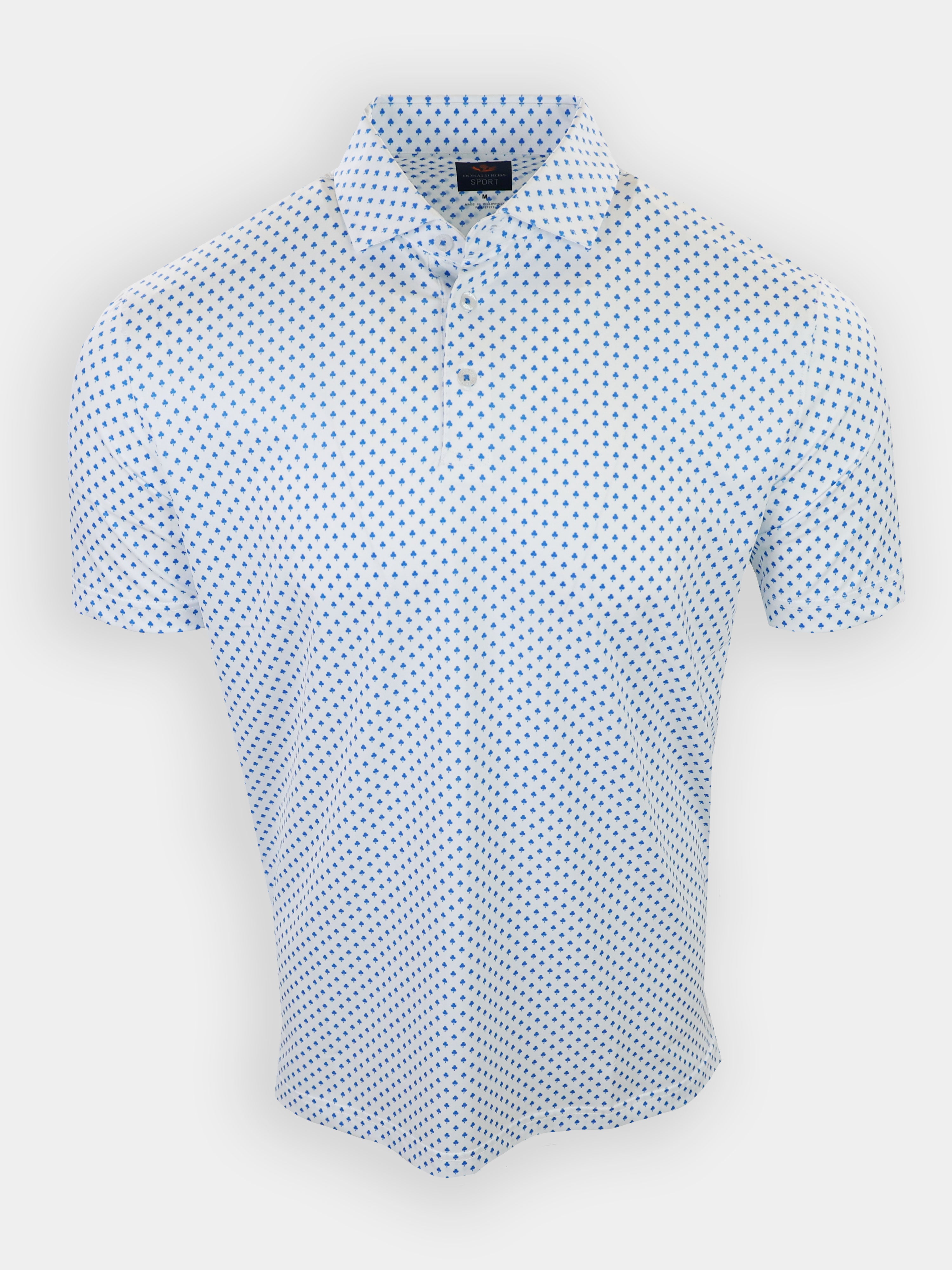 Short-sleeve polo shirt in white with a green dotted pattern and a pointed collar.