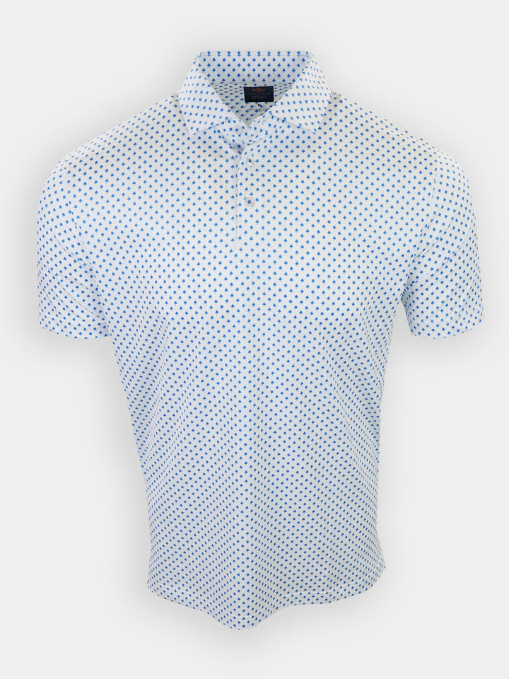 Short-sleeve polo shirt in white with a green dotted pattern and a pointed collar.