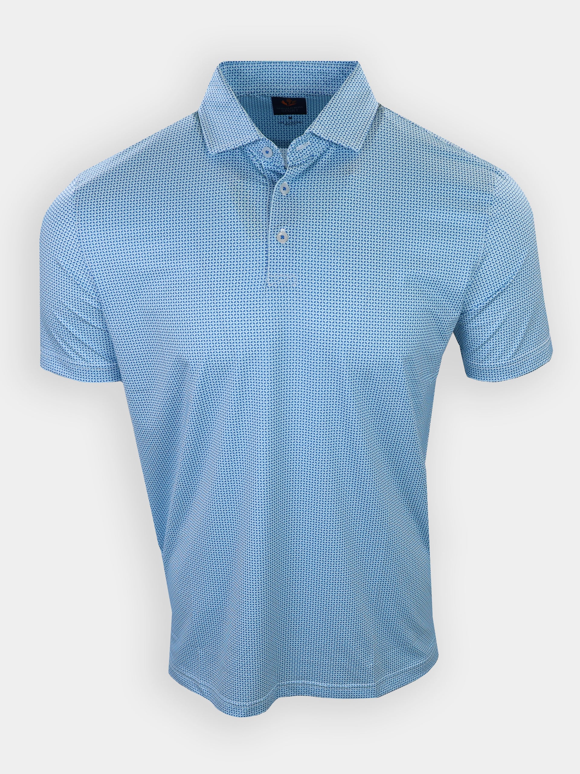 Light blue short-sleeve polo shirt with a patterned design and a collar.