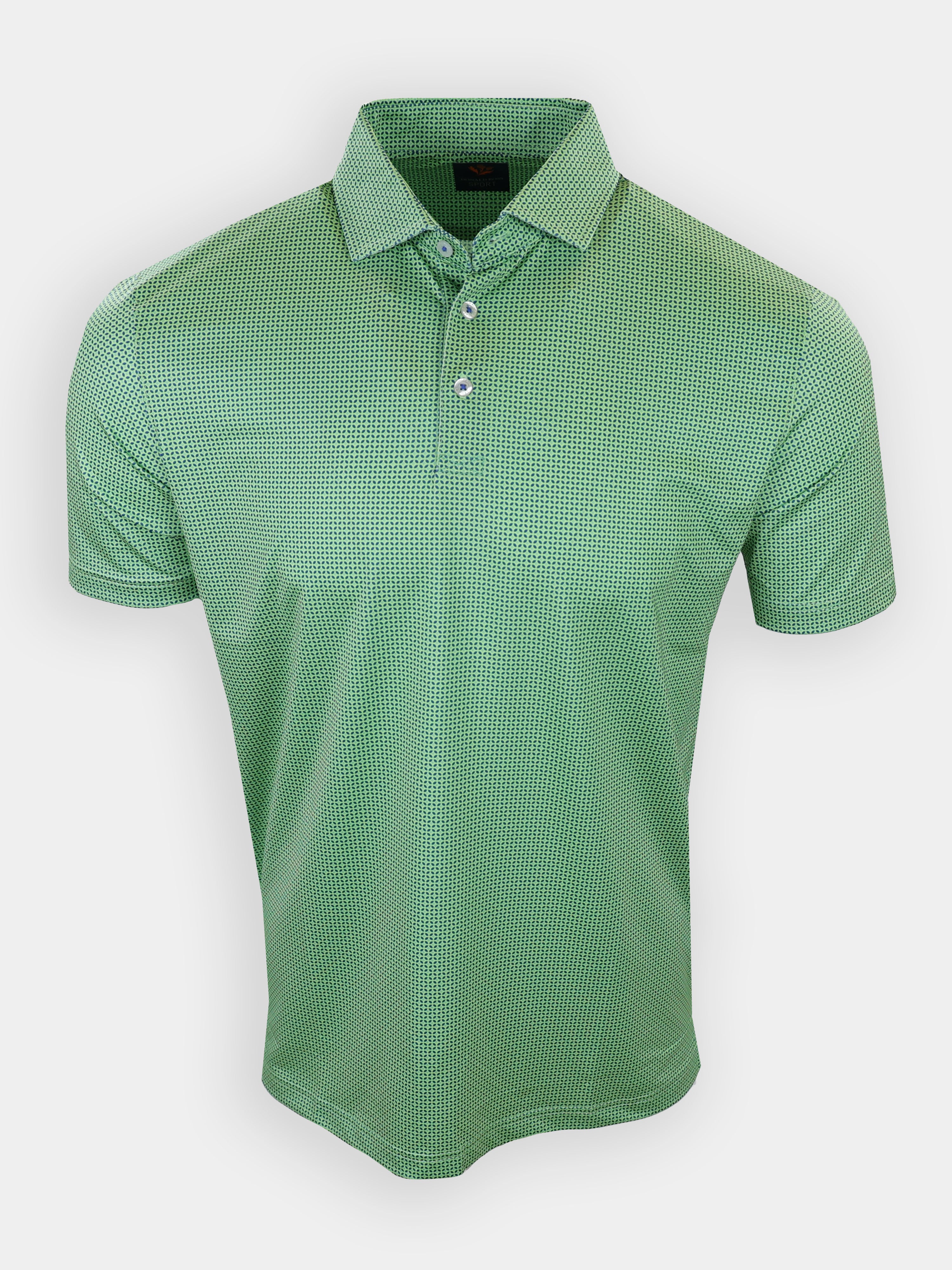 Green patterned polo shirt displayed against a white background.