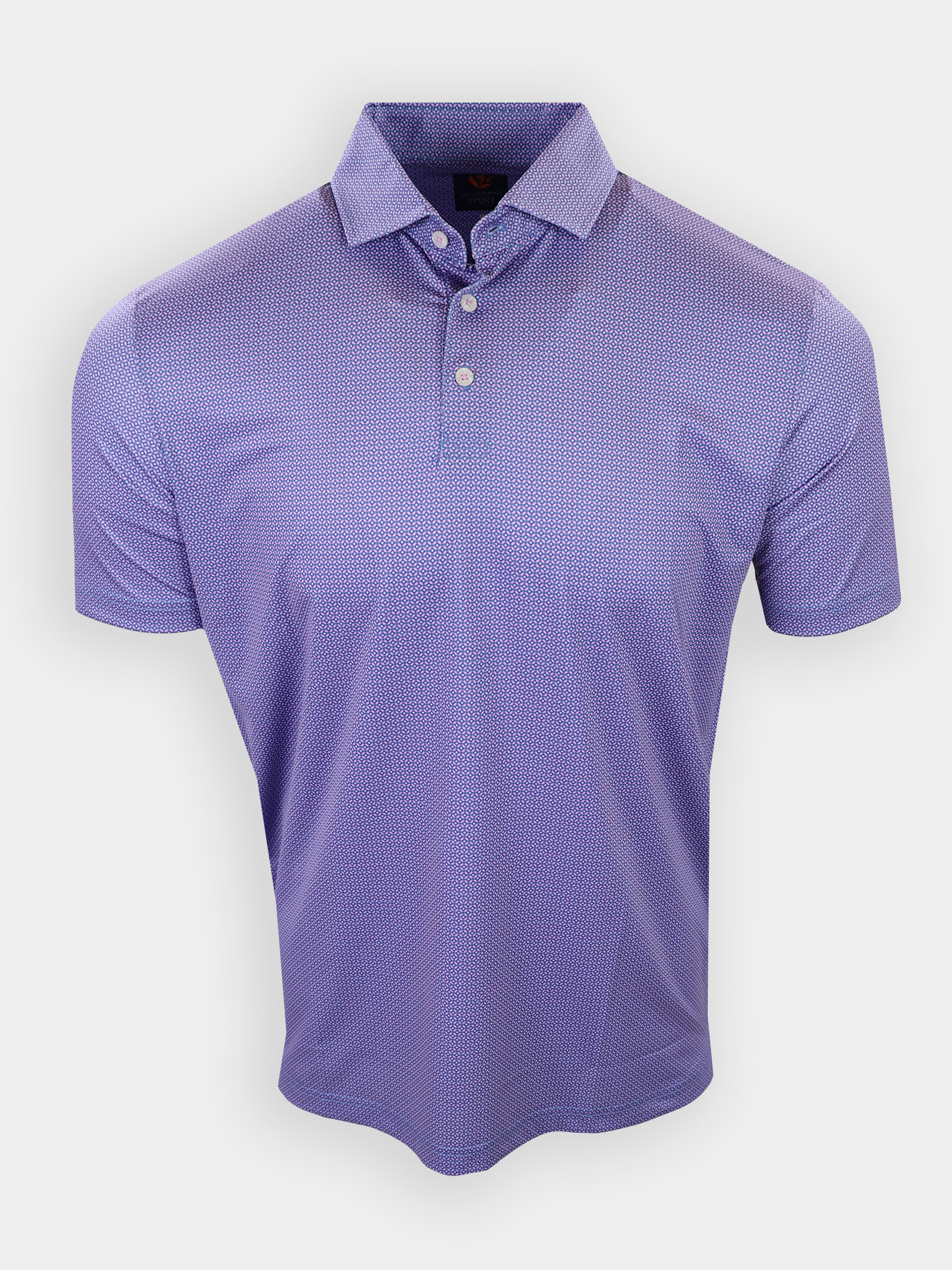 Short-sleeved purple polo shirt with a collar and a subtle patterned design displayed frontally.
