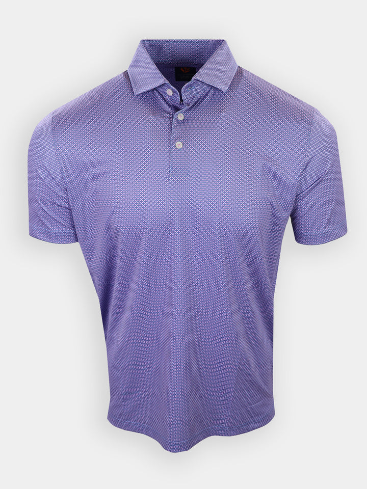 Short-sleeved purple polo shirt with a collar and a subtle patterned design displayed frontally.