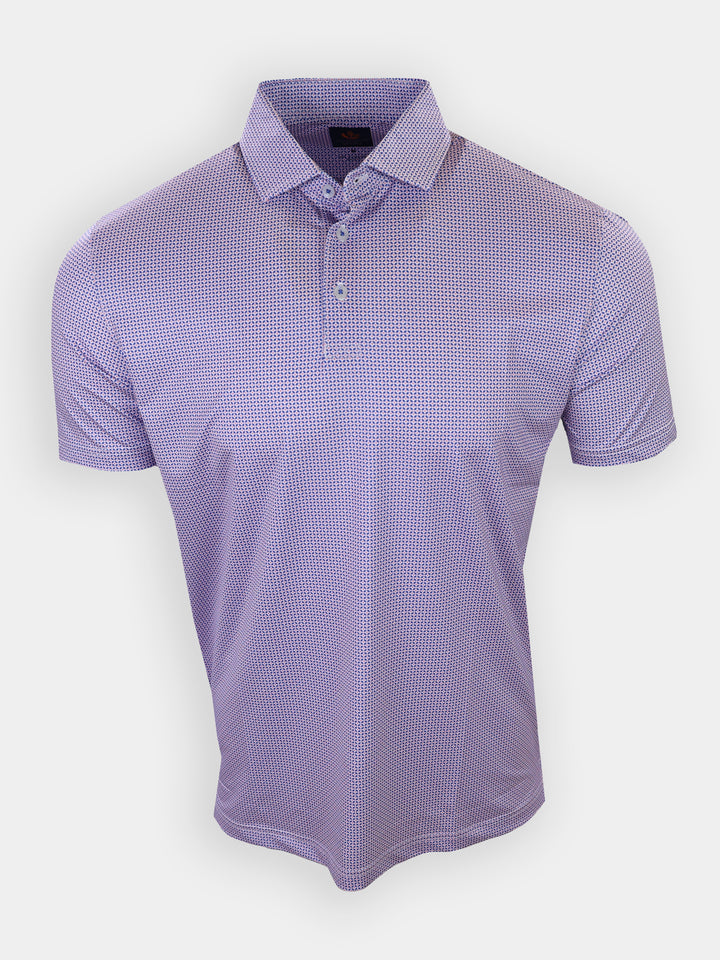 A short-sleeved, collared purple polo shirt with a patterned design is displayed against a white background.