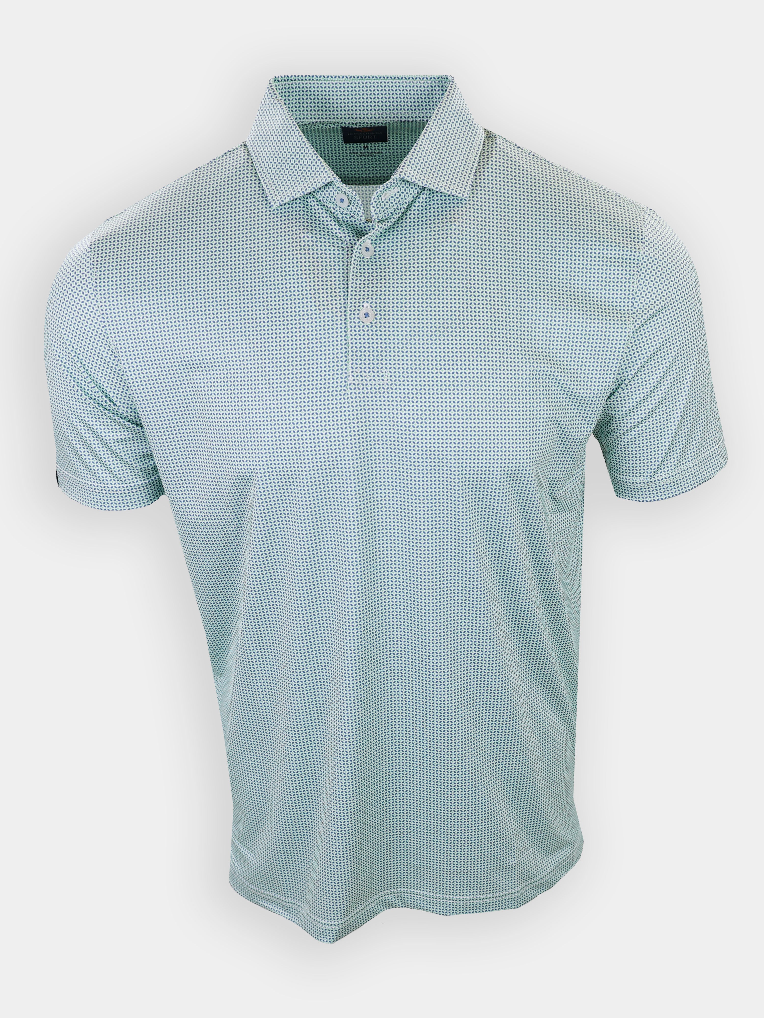 Short-sleeved polo shirt with a light blue and white pattern displayed front-facing on a neutral background.