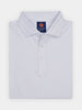 A folded white polo shirt with a light blue fleur de lis pattern, featuring a collar and Donald Ross logo on the label at the neckline.