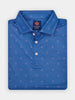 Blue men's golf polo shirt with pink repeating golf club pattern, folded neatly