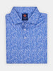 Folded blue golf polo shirt with white sponge pattern, featuring a button placket
