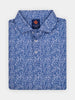 Folded blue and white patterned dress shirt with a pointed collar and button-front closure, suitable for business or casual wear