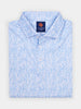 Blue and white patterned polo shirt folded neatly. The performance fabric has a speckled design