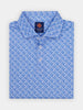 Neatly folded blue patterned polo shirt, featuring a tonal skull design
