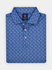 Folded blue skull paisley polo with white buttons and a pointed collar