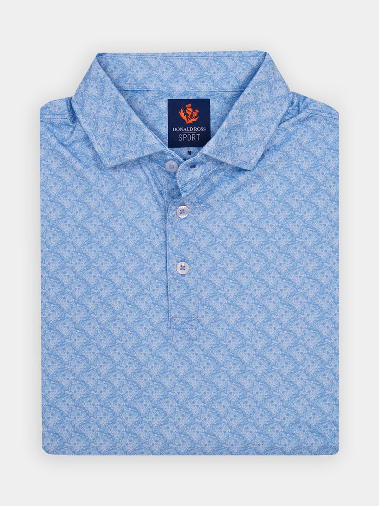 Sky blue skull paisley polo, folded with pointed collar and white buttons