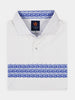 White polo shirt with blue wave patterns across the chest and inside the collar. Features a single button and a Donald Ross Sport label inside.