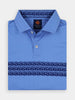 Folded blue polo shirt with a subtle wavy pattern on the chest, featuring a buttoned collar and a decorative lining inside