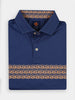 Navy blue polo shirt neatly folded, featuring a beige wave pattern across the chest