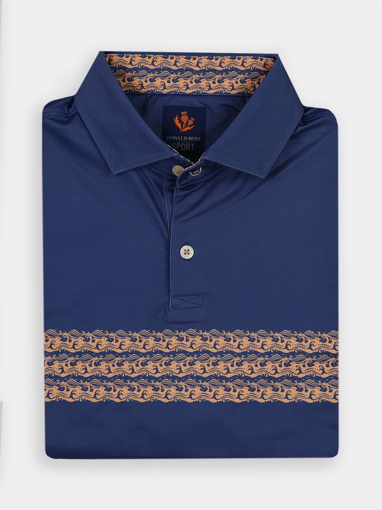 Navy blue polo shirt neatly folded, featuring a beige wave pattern across the chest