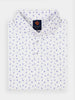 Folded white collared shirt with small blue palm trees and pineapple prints