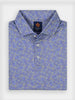 Folded blue polo shirt with abstract yellow and green pattern, buttoned with three white buttons