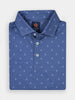 Folded blue polo shirt with small white golf club pattern, featuring a collar and three buttons