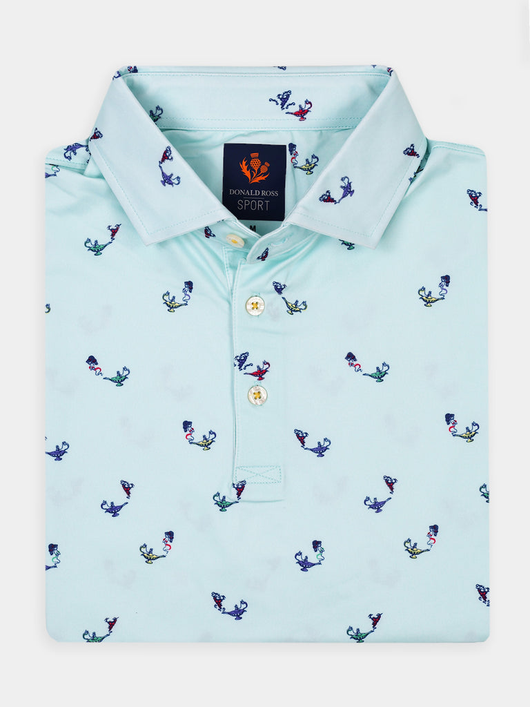 Light blue polo shirt with a subtle multicolored magic lamp pattern