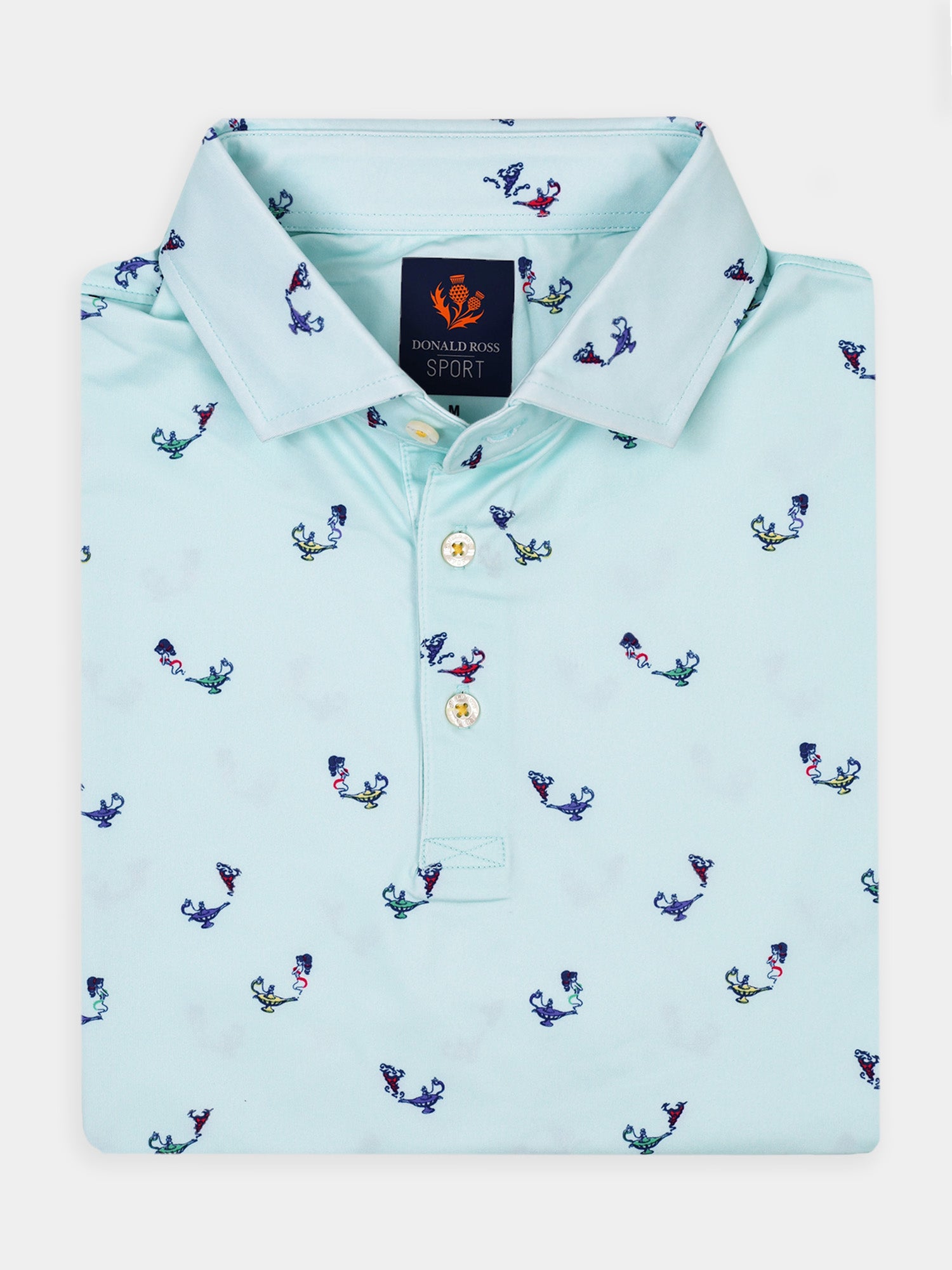 Light blue polo shirt with a subtle multicolored magic lamp pattern