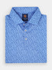 Folded blue golf shirt with small, dark blue baseball-themed illustrations, featuring a buttoned collar and visible label